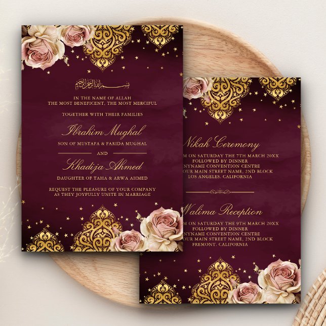 Invitación Boho rosa Rosa Motif islámico Plum Boda musulmana (Subido por el creador)