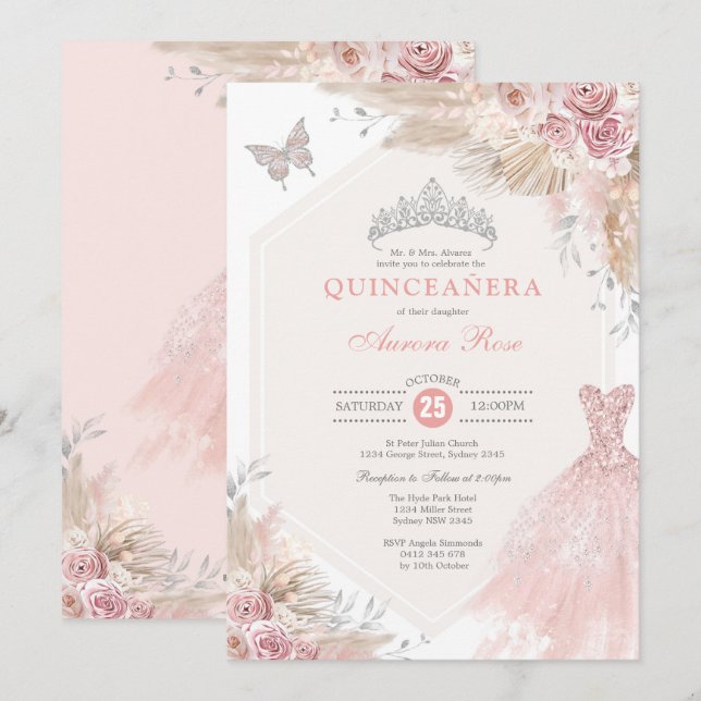 Invitación Boho rosa Rubor plateado Floral Quinceañera Cumple (Anverso / Reverso)