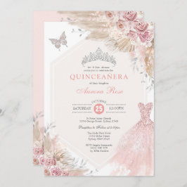 Invitación Boho rosa Rubor plateado Floral Quinceañera Cumple