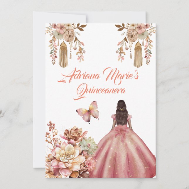 Invitación Boho rosa Rubor Quinceanera (Anverso)