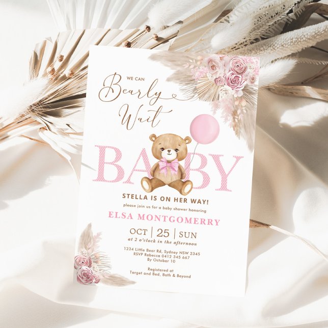 Invitación Boho rosa Teddy Bear Pampas Grass Chica Baby Showe (Subido por el creador)