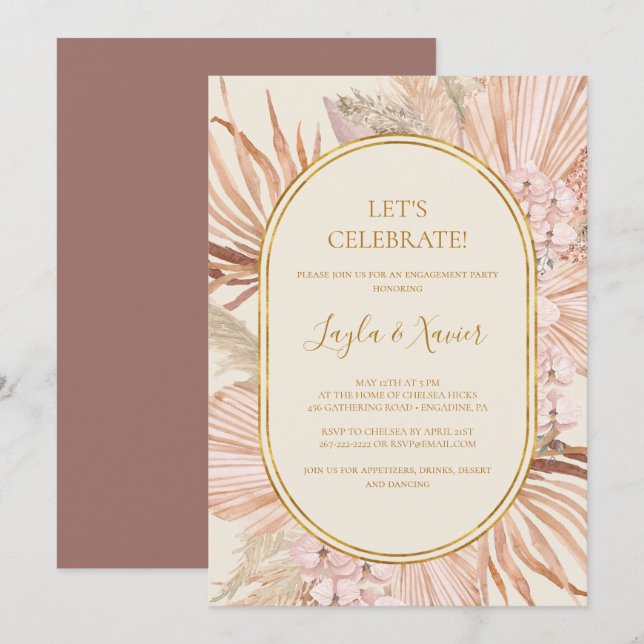 Invitación Boho Rosa tropical del polvo botánico celebremos (Anverso / Reverso)