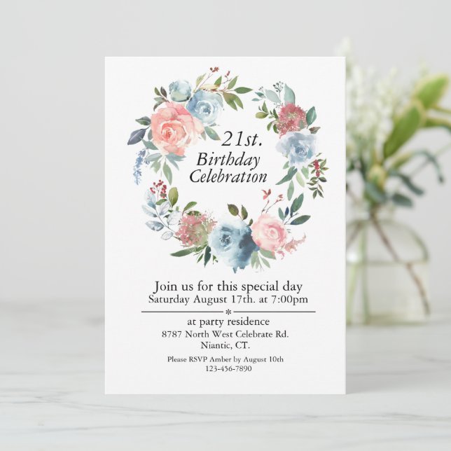 Invitación Boho rosa y azul, cumpleaños 21 del Personalizable (Anverso de pie)