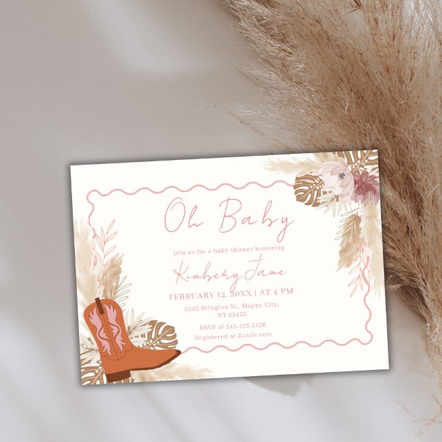 Invitación Boho Rosado Cowgirl Boots Pampas Grass Baby Shower (Pink Boho Cowgirl Boots Pampas Grass Baby Shower Invitation)