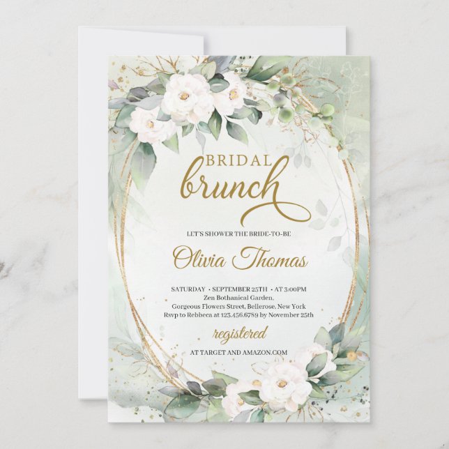 Invitación Boho Rosas blancas Eucalipto folliage faux gold (Anverso)