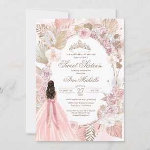 Invitación Boho Rosas de flores secas rosadas dulces 16 cumpl