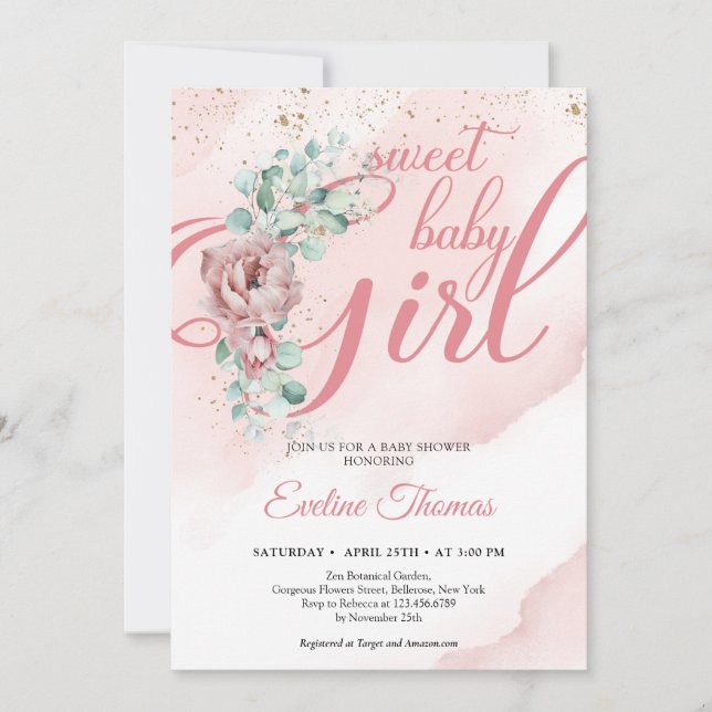Invitación Boho rosas de la rubia eucalipto oro bebé dulce (Anverso)