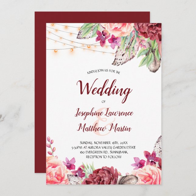 Invitación Boho Rosas Feathers Lights Boda (Anverso / Reverso)