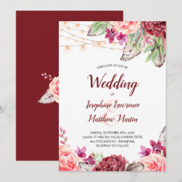 Invitación Boho Rosas Feathers Lights Boda