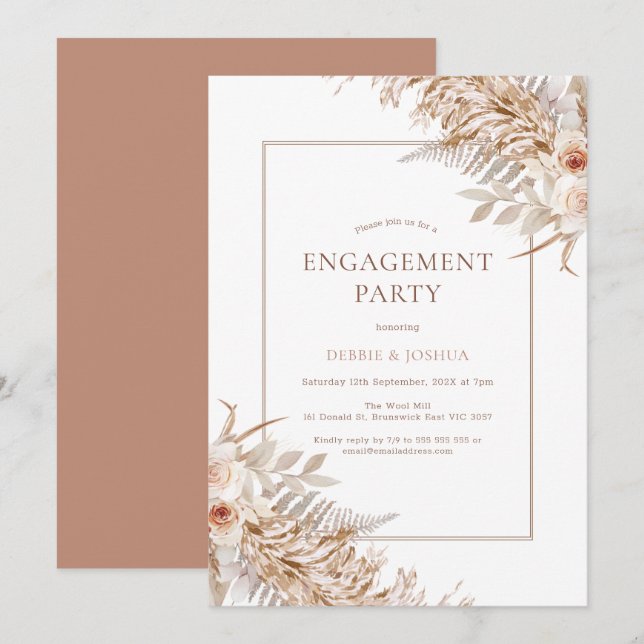 Invitación Boho Rosas Florales Pampas Participación de Grass (Anverso / Reverso)