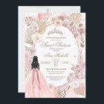Invitación Boho Rosas Florales Secas Rosadas Dulces Dulce 16<br><div class="desc">Invitación al cumpleaños con un elegante estilo boho. rosas Rubor rosas y blancas,  flores secas,  hierba de palma y pampas y un chica con un hermoso vestido a juego. 

Consulte la tienda para ver esta invitación con chicas de diferentes colores de cabello y tonos de piel y más variaciones.</div>