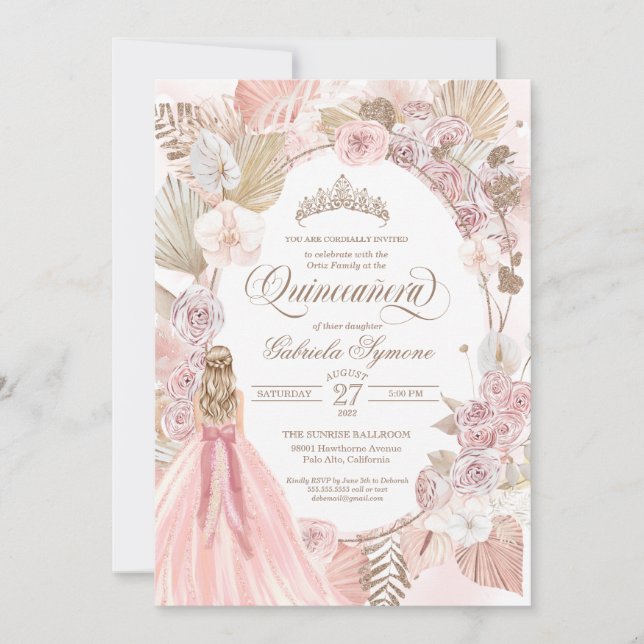 Invitación Boho Rosas Florales Secas Rosadas Quinceanera Cump (Anverso)