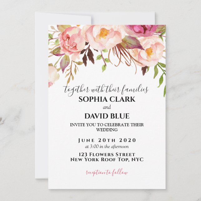 Invitación Boho Rosas Rústicos Rosados Florales Boda Moderno (Anverso)
