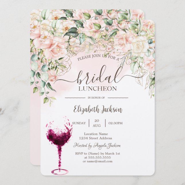 Invitación Boho Rosas, Wine Glass Bridal Luncheon (Anverso / Reverso)