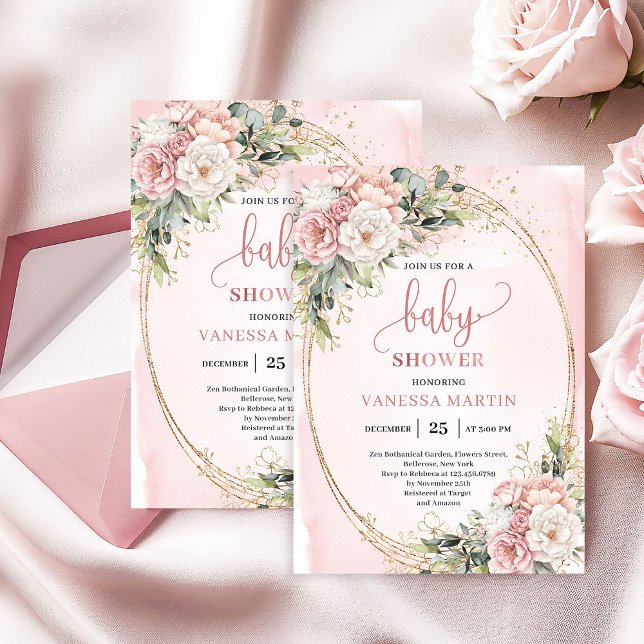 Invitación Boho Rose Gold Floral Eucalyptus Girl Baby Shower  (Elegant Blush Pink Floral Eucalyptus Girl Baby Shower)