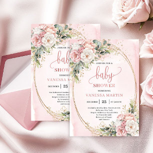 Invitación Boho Rose Gold Floral Eucalyptus Niña Baby Shower