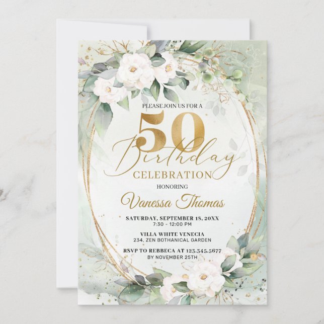 Invitación Boho Roses blancos eucalipto oro oval 50 (Anverso)