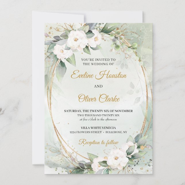 Invitación Boho Roses blancos eucalipto verde faux oro ovino (Anverso)