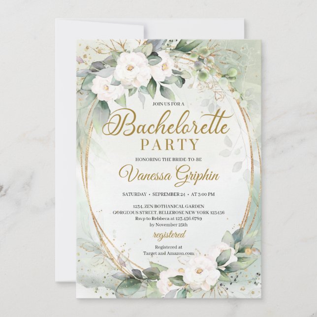 Invitación Boho Roses blancos verde oro ovalado Bachelorette (Anverso)