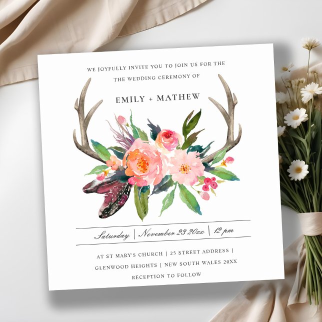 INVITACIÓN BOHO RUBOR ANTLER FLORAL FEATHER COUNTRY WEDDING (Subido por el creador)