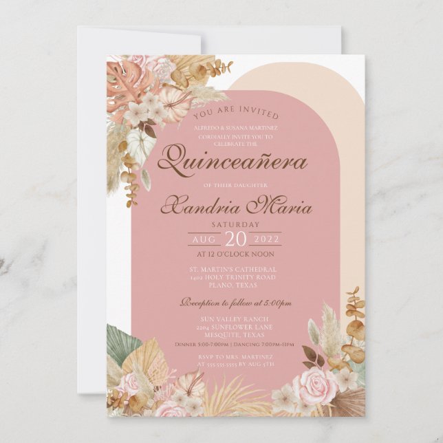 Invitación Boho Rubor Beige Dried Rosa Floral Quinceanera (Anverso)