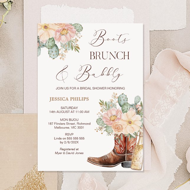 Invitación Boho Rubor Boots Brunch Bubbly Bridal Shower (Floral Boots Brunch and Bubbly Bridal Shower Invitation Template, Cowgirl Boots Bridal Shower Bottle)