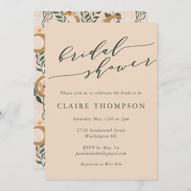 Invitación Boho Rubor Botanon Script Bridal Shower (Anverso / Reverso)