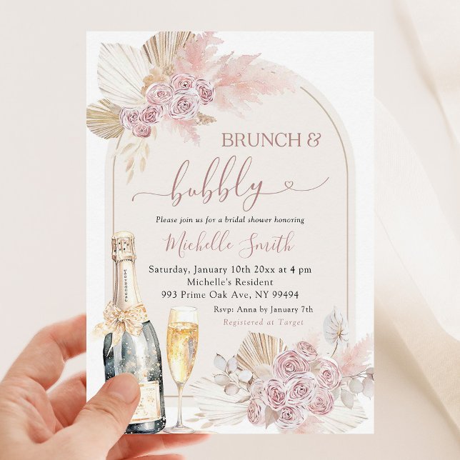 Invitación Boho Rubor Brunch Floral Rosa Bubbly Bridal Shower (Subido por el creador)