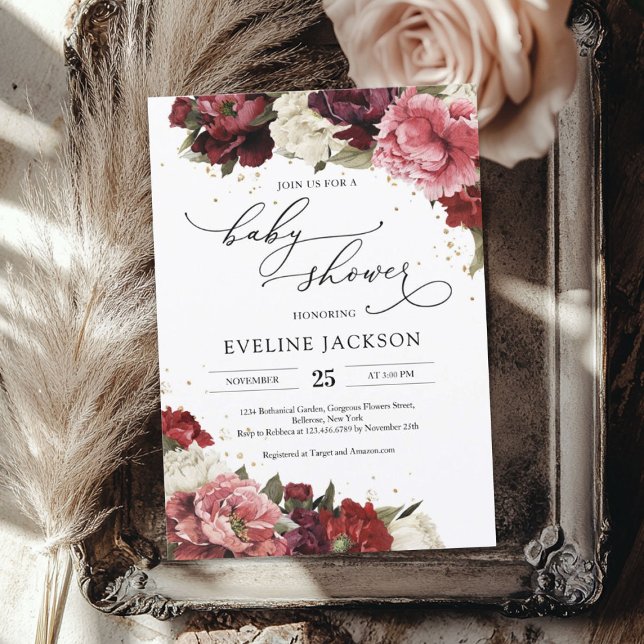 Invitación Boho Rubor burgundy mauve flores peonies bebé (Boho Blush burgundy mauve flowers peonies baby Invitation)