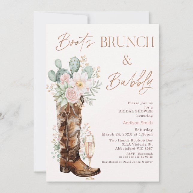 Invitación Boho Rubor Cacti Boots Brunch Bubbly Bridal Shower (Anverso)