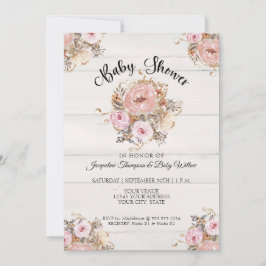 Invitación BOHO Rubor Caída Floral Acuarela Rústica Madera Be