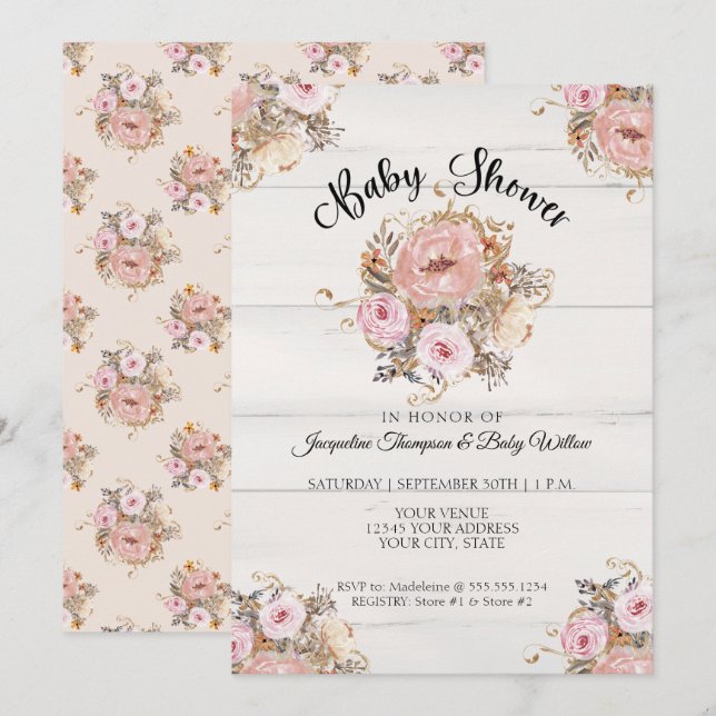 Invitación BOHO Rubor Caída Floral Acuarela Rústica Madera Be (Anverso / Reverso)