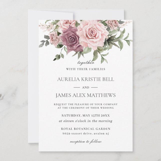 Invitación Boho Rubor Cinnamon Rosa Floral Greenery Boda (Anverso)