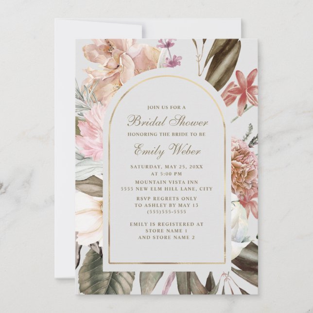 Invitación Boho Rubor Crema rosa Verde Ducha nupcial (Anverso)