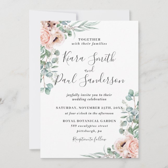 Invitación Boho Rubor Dusty Pink Floral Eucalyptus Boda (Anverso)