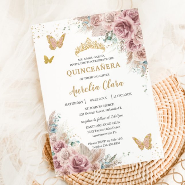 Invitación Boho Rubor Dusty Rosa Floral Pampas Quinceañera (Subido por el creador)