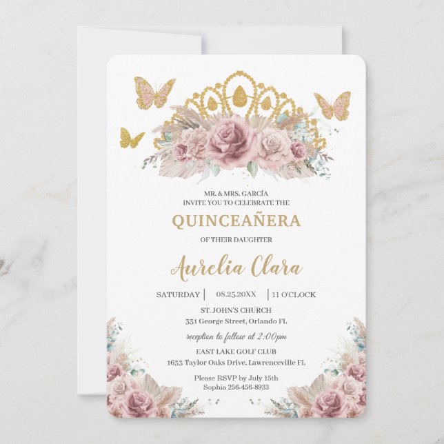 Invitación Boho Rubor Dusty Rosa Floral Pampas Quinceañera (Anverso)