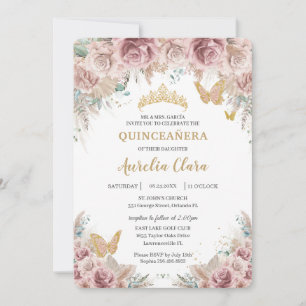 Invitación Boho Rubor Dusty Rosa Floral Pampas Quinceañera