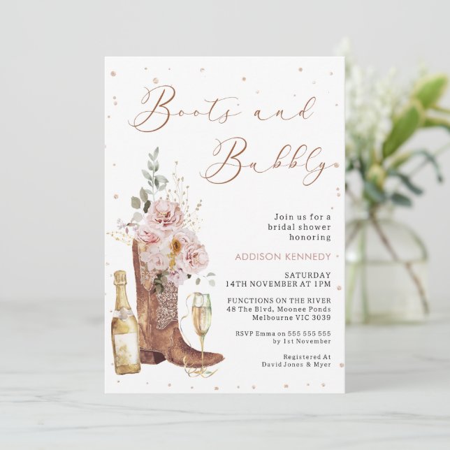 Invitación Boho Rubor Floral Botella de botellas Bubbly Brida (Anverso de pie)