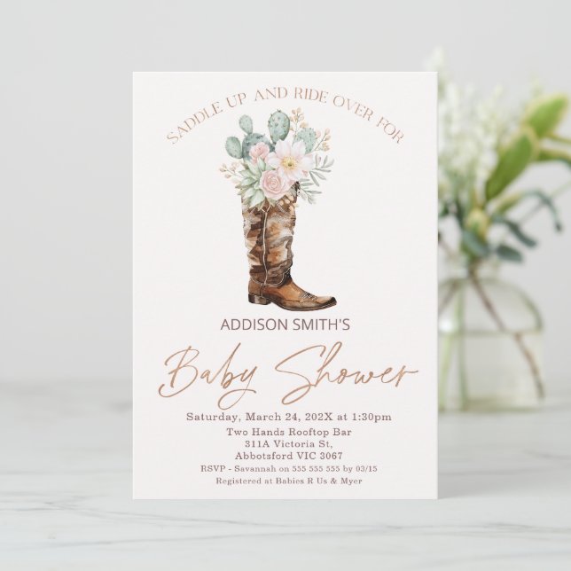 Invitación Boho Rubor Floral Cacti Boot Baby Shower (Anverso de pie)