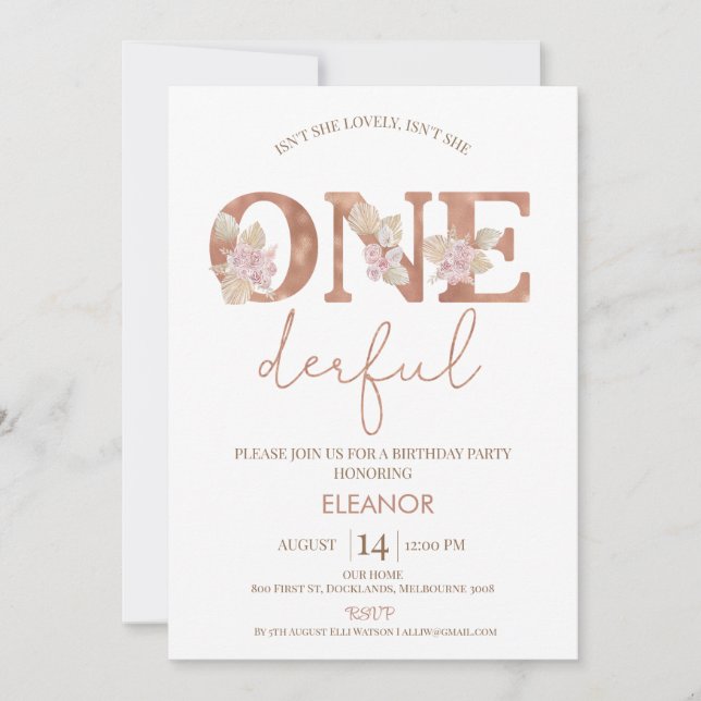 Invitación Boho Rubor Floral Chicas Maravilloso Primer Cumple (Anverso)