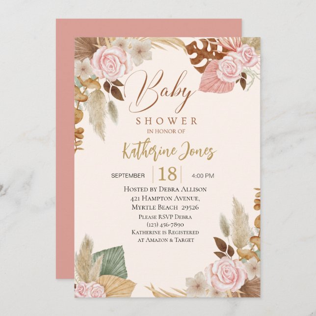 Invitación Boho Rubor floral eucalyptus Baby Shower (Anverso / Reverso)