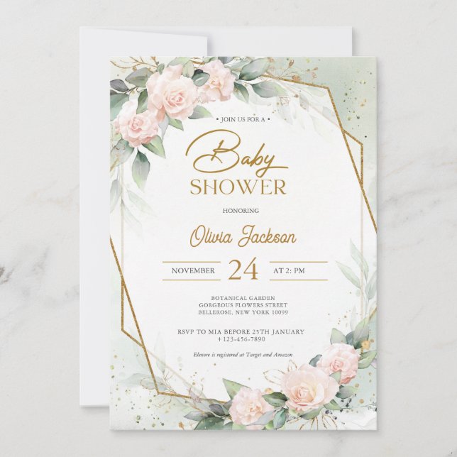 Invitación Boho Rubor Floral Eucalyptus Frame Baby Shower (Anverso)