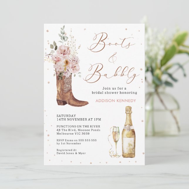 Invitación Boho Rubor Floral Gloral Boot Bubbly Bridal Shower (Anverso de pie)