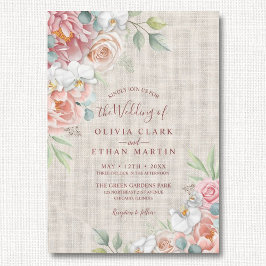 Invitación Boho Rubor Floral Rosa En Un Boda Rústico Burlap