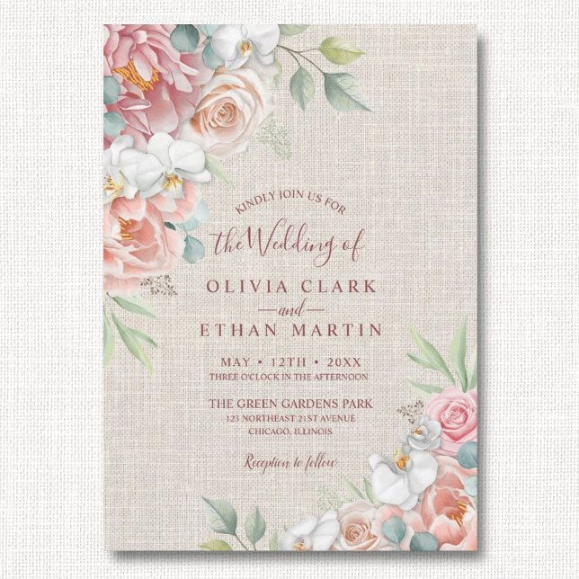 Invitación Boho Rubor Floral Rosa En Un Boda Rústico Burlap (Subido por el creador)