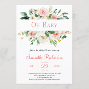 Invitación Boho Rubor Floral rosa y vegetación bebé moderno