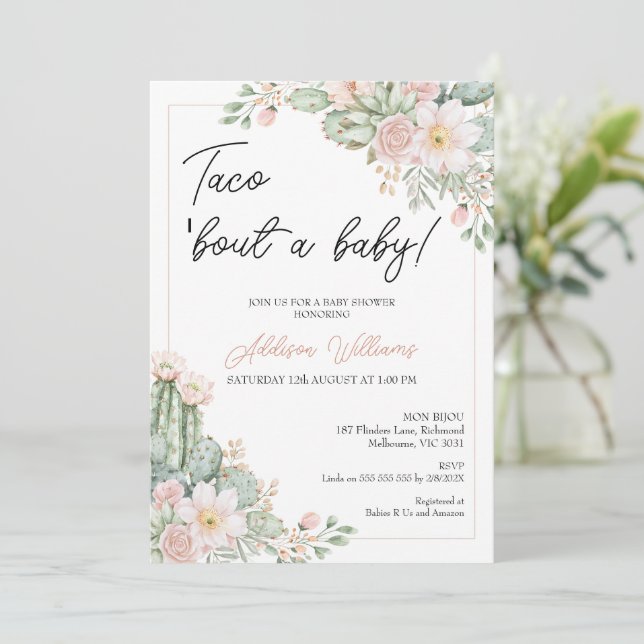 Invitación Boho Rubor Floral Taco 'bout Baby Baby Shower (Anverso de pie)