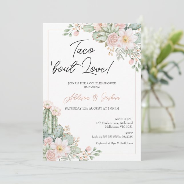 Invitación Boho Rubor Floral Taco 'bout Love Couples Bridal (Anverso de pie)