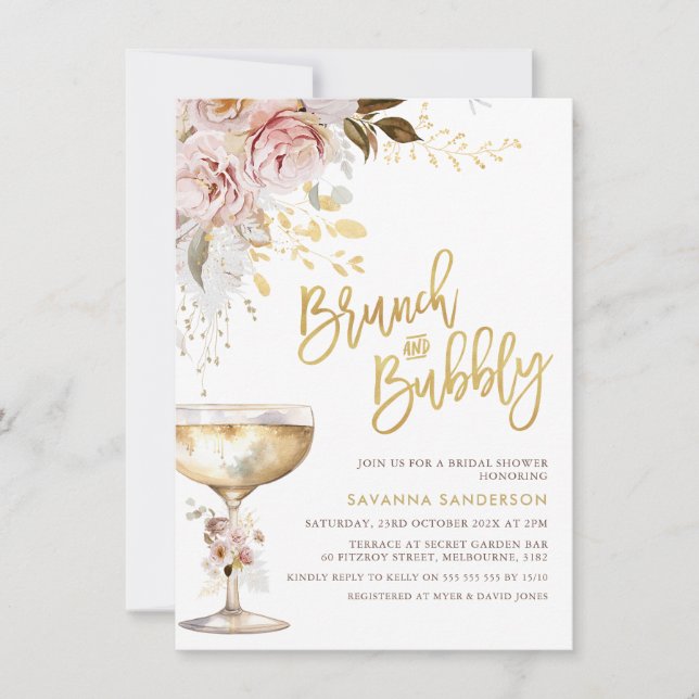 Invitación Boho Rubor Gold Floral Brunch Bubbly Bridal Shower (Anverso)